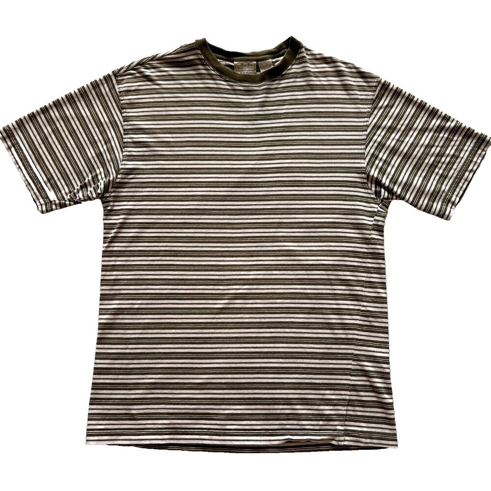 Men's S T Shirt Variegated Narrow Stripe - White Brown & Olive Cotton CRB Khakis
